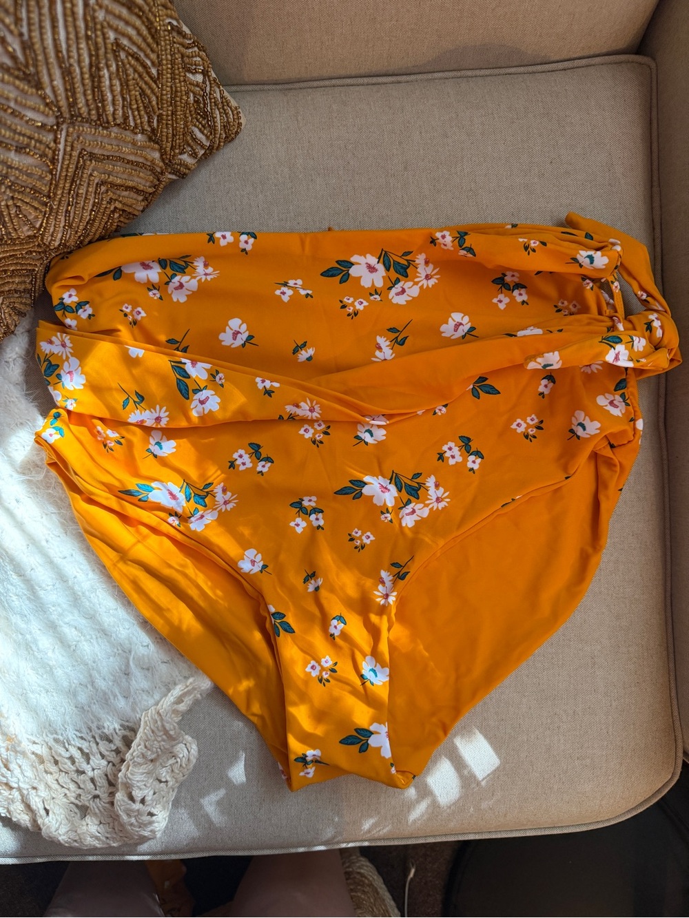 Floral High-Waist Bikini Bottoms - Mustard Yellow